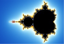 Mandelbrotmengden med liten rød firkant markert ytterst.